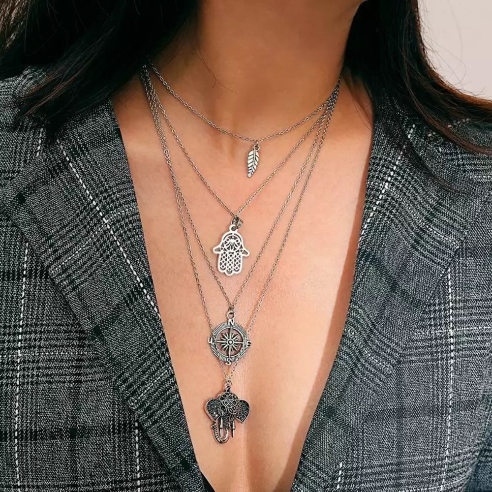 Boho Silver Leaf Hamsa Compass Elephant Necklace - Picture 2 of 15
